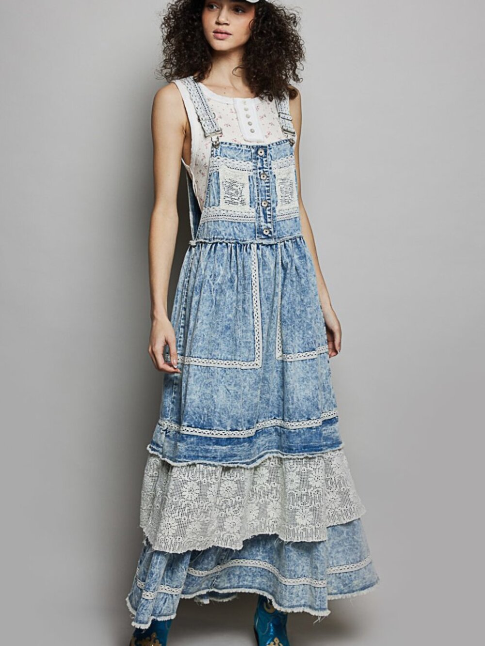 POL LONG OVERALL DRESS-DENIM, CROCHET POCKET, RUFFLES*New Collection For Summer